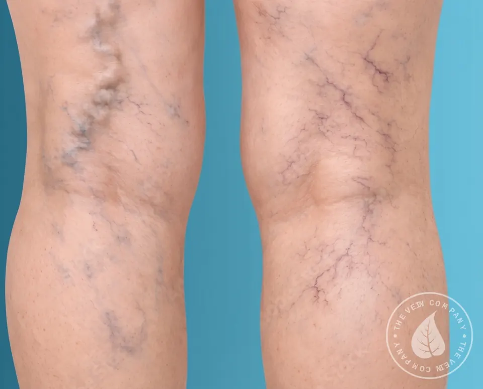 Lower leg showing visible bulging varicose veins, mild ankle swelling, and brown hyperpigmentation caused by chronic venous insufficiency.